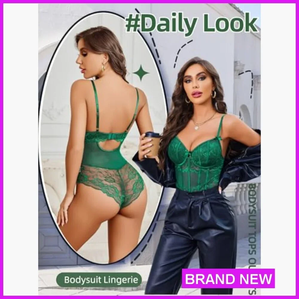 Sexy Lace Bodysuit V Neck Mesh Top Push Up One Piece Lingerie Elegant Chic